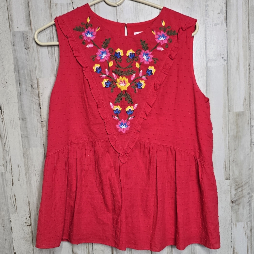 Red Floral Embroidered Sleeveless Top M 8 10 Boho Cottagecore Time & Tru